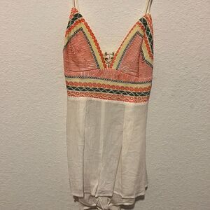Beautiful Bohemian White Romper - Detailed Orange Summer Shorts - Size Medium